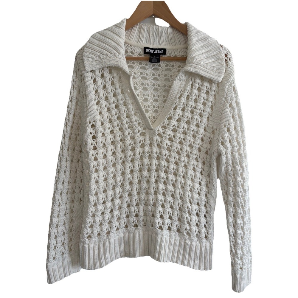 DKNY JEANS White Open Stitch Johnny Collar Airy Sweater XL Fits Small, Y2K Boho